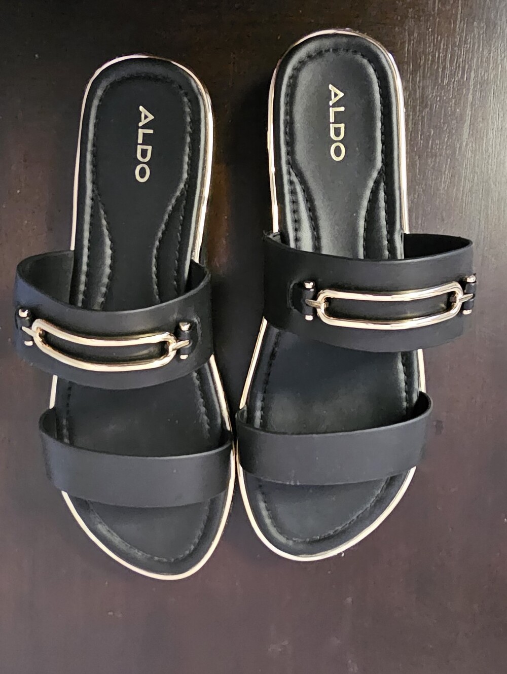 ALDO Black Slide Sandals with Gold Trim